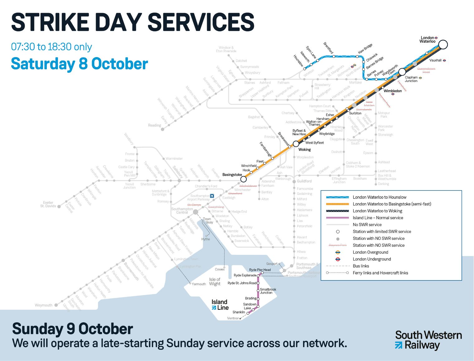 South Western Railway network map - where services are running on strike days